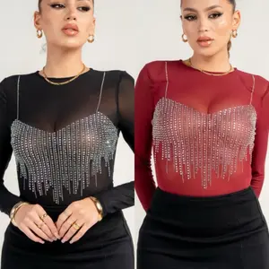 Rosy Rhinestone mesh Bodysuit