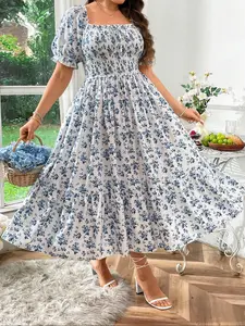 Women's Plus Size Fashion Casual Shirred Dress, Floral Pattern, Loose-Fitting Midi Dress, Short Sleeve, All Seasons, Woven Fabric
