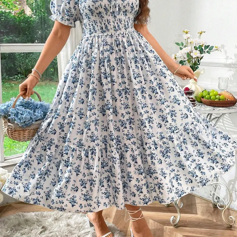 Women's Plus Size Fashion Elegance Casual Boho Chic Bohemian Shirred Dress, Floral Pattern, Boho Printed Floral, Loose-Fitting Midi Dress, Short Sleeve, All Seasons, Woven Fabric, Casual Wear, Bohemian Dresses