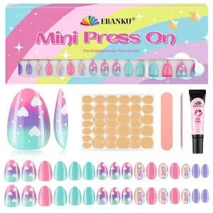 EBANKU 32 Pcs Press on Nail kids, Full-Sizes Almond 1 Pack Children Fake Nail Kit Full Cover Short False Fingernails with Nail Glue for Women Nail DIY