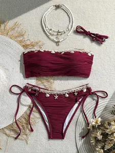HIBOMARI Summer Women 2pcs Textured Solid Color Shell Strap Decor Halter Tie Bikini Set