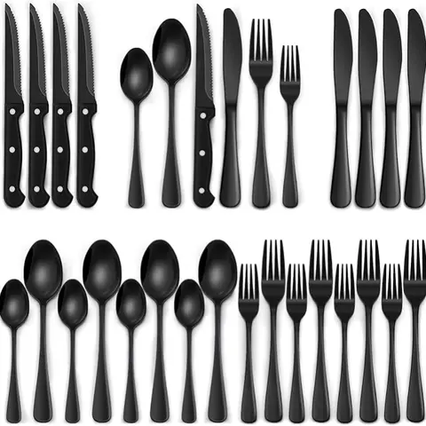 Black Stainless Steel Cutlery Set - 24-30 Pieces, 49-pc Tray Storage, 61 Piece Forks Spoons and Knives Set, Mirror-Polish Look, Dishwasher-Safe Home Dining Kitchen Utensils