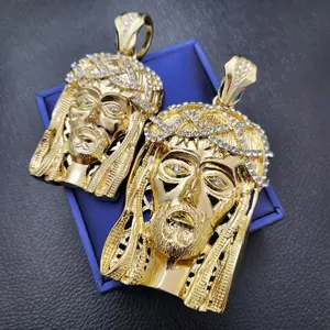 Religious 14K Gold plated Holy Jesus Christ Head Cubic Zirconia Iced Charm Pendant - Fits Up to 15mm Chain, High Quality Polished