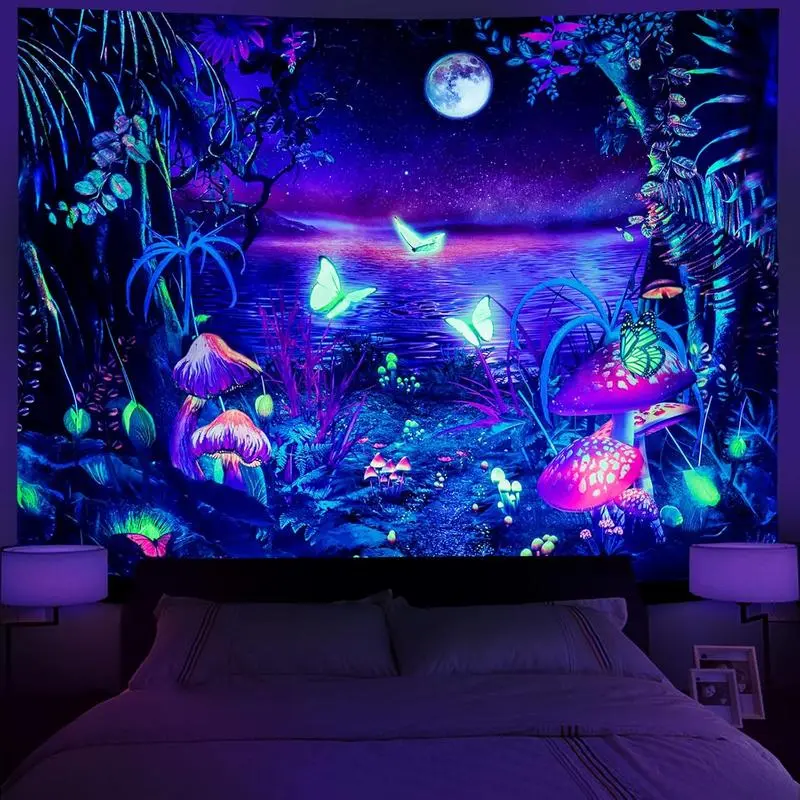 Tapestry  Serborlur Blacklight Fantasy Forest Moon Tapestry UV Reactive Butterfly Galaxy Space Tapestries Wall Hanging for Bedroom Living Room Decor Peach