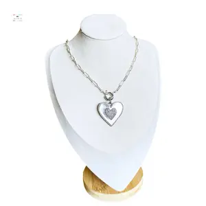 Micro Pave Rhinestone Chunky Heart Pendant Silver Paperclip Necklace /  Silver Rhinestone Heart Necklace /  Silver Heart Pendant Paperclip Necklace