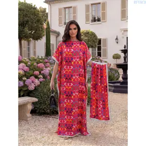 2026 Women's 2 Piece Elegant Geometric Print Set, Fitted Satin Silk Maxi Dress with Matching Headscarf, Lightweight Breathable Beach Cover Up Resort Wear