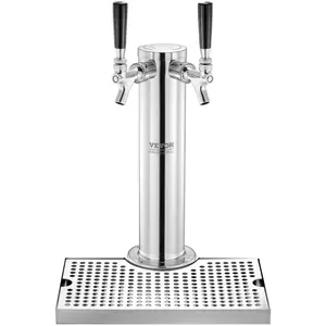 VEVOR Kegerator Tower Kit, Dual Taps Beer Conversion Kit, Stainless Steel Keg Beer Tower Dispenser with Dual Gauge CGA320 Regulator & D-System Keg Coupler, Beer Drip Tray for Party Home