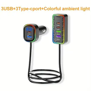 6 in 1 Multifunctional Car Charger with 3 Type C and 3 USB Ports Fast Charging Power Adapter Extension Cable Anti Slip Clip Colorful Ambient Light LED Display Phone Charger for iPhone Android Tablet GPS Dash Cam Universal Accessories for Travel