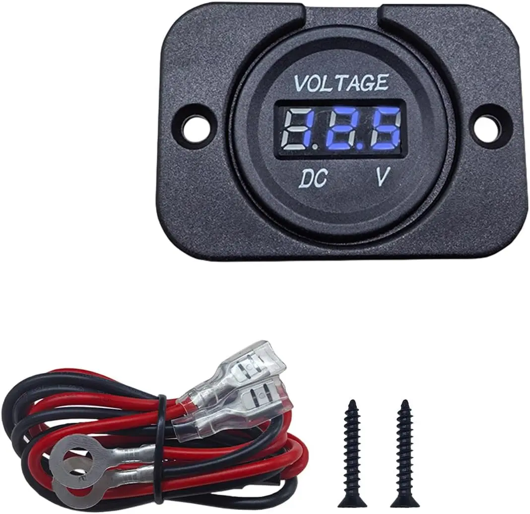 Car Battery Voltage Meter, DC 12V 24V Waterproof Battery Monitor, LED Digital Display Voltage Tester Gauge Meter with Terminal, Round Panel Voltage Gauge for Car UTV ATV Boat (Blue)