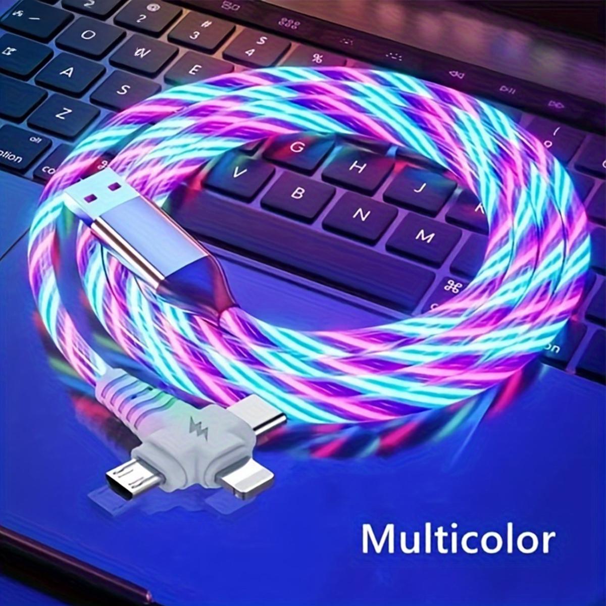 Multi Ports Light-Up USB Cable USBA to USBC/MicroUSB Cable Durable Fast Charging Cable with Visible Current Flow As Night Light Use-3in1 Colorful