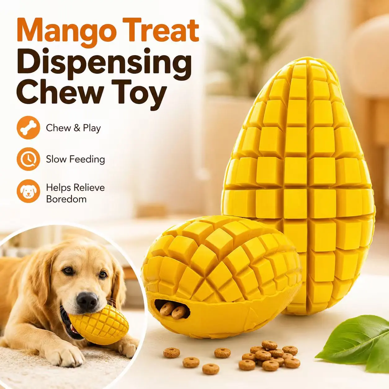 Mango Dog Chew Toy with Treat Dispenser, Interactive Rubber Slow Feeder & Enrichment Puzzle Toy for Medium and Large Dogs, Textured Chewing Toy for Indoor Play and Boredom Relief
