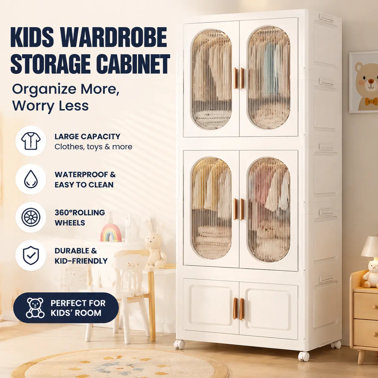 Foldable Storage Cabinet with Wheels, Multi Grid Organizer Storage Bin with Lid, Large Capacity Kids Storage Box for Clothes Toys Books, Waterproof Space Saving Shelf Unit for Kids Room Bedroom Closet Living Room
