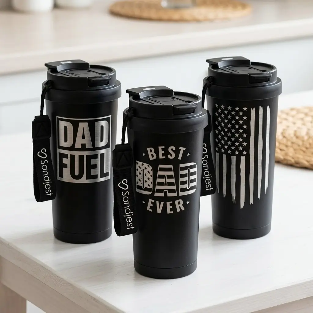 SANDJEST Sleek Minimalist 18oz Vacuum Insulated Leakproof Tumbler Flask for Him, 2-in-1 Lid with Straw & Strap, Cup Holder Friendly Portable Travel Cup, Dad’s Birthday Christmas Gift, Flasks, Vacuum Insulated Tumbler