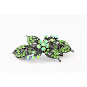 Antique silver hair barrette with complimenting color small rhinestones - Olive Green