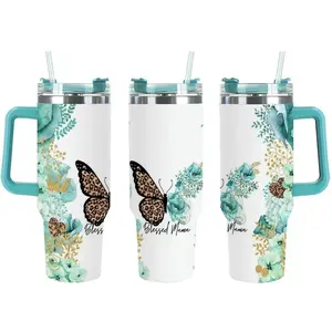 Mint Green Butterfly 40oz Tumbler with Handle, Blessed Mama Cup, Leopard Print Floral Travel Mug, Mother's Day Gift, Stainless Steel Tumbler, 20oz Double Silver Edge Tumbler, Kitchen Drinkware