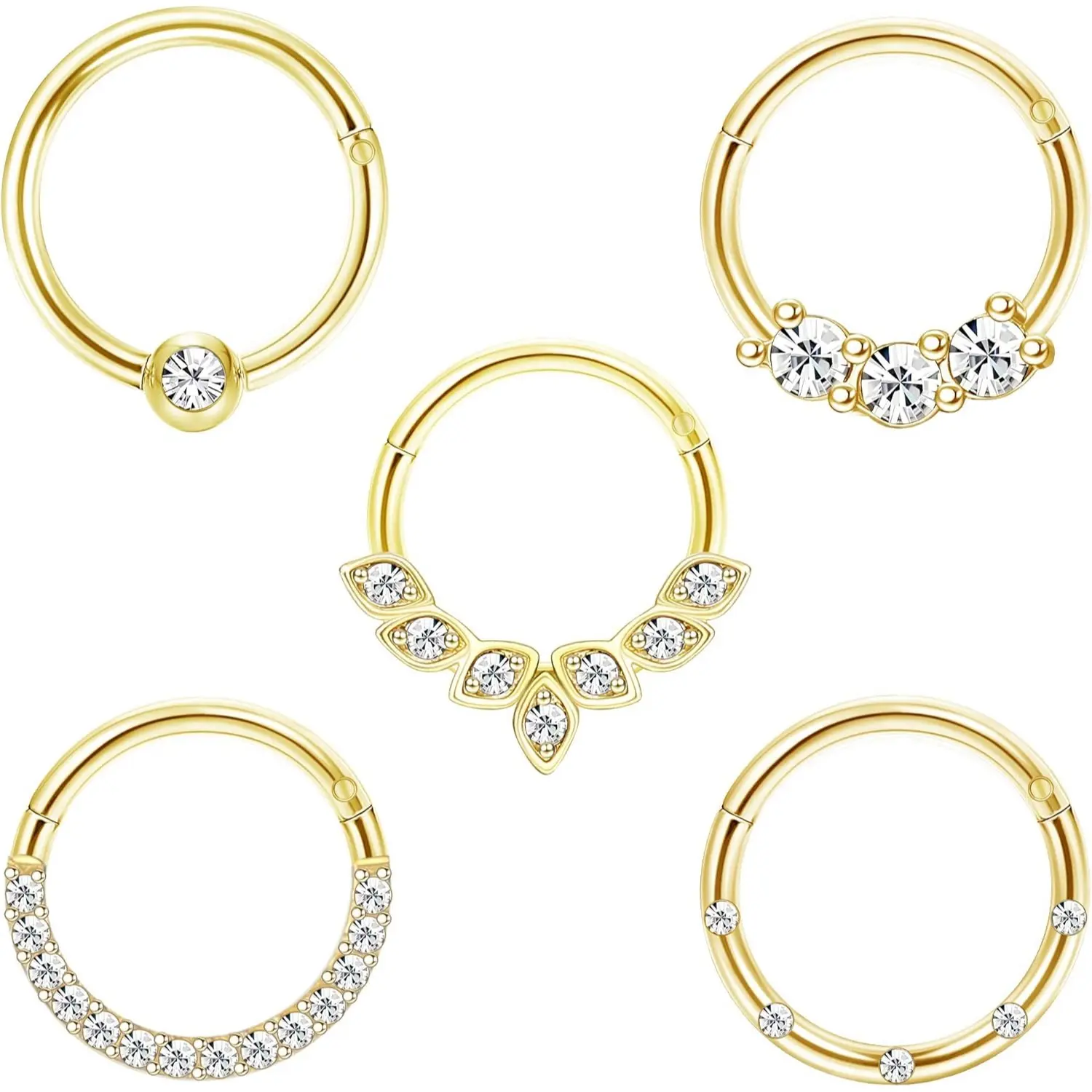 FUNRUN 5PCS Dainty Daith & Septum Clicker Set | 16G Stainless Steel Hinged Hoop | Sparkling CZ Cartilage Jewelry for Helix, Tragus, Conch | 8mm-10mm DealsForYouDays