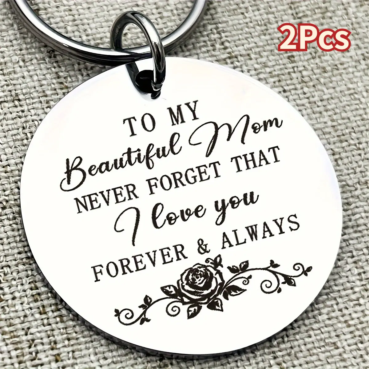 Women's 2Pcs Engraved Circular Ring Stainless Steel Keychains - Custom Engraving, Floral Pattern, Hearts, Romantic "To My Beautiful Mom" Engraved Message, Durable, Rust-Resistant, Family Love Keepsake, Mother's Day Gift for Mom, Engraved Message Keychains