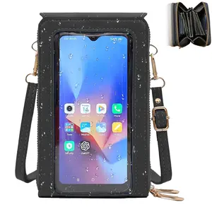 Women's Minimalist PU Leather Crossbody Bag, Small Phone Wallet Purse with Touchscreen Window, Multi-Compartment and Adjustable Detachable Strap