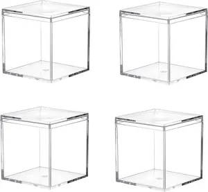 Clear Acrylic Box with Lid, 4 Pack Acrylic Plastic Square Cube Small Plastic Square Cube Containers with Lid Storage Box 2.4X2.4X2.4Inch/60X60X60Mm for Candy Pill and Tiny Jewelry Dayaanee