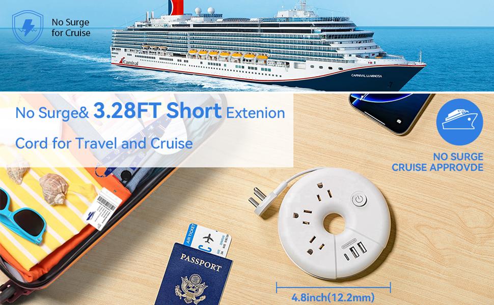 NTONPOWER i-Donut Travel Power Strip – Donut-Shaped 3-Outlet + 3-USB(USB-C) Mini Extension Cord, Cruise-Approved & Compact for Hotels, Home & Trips