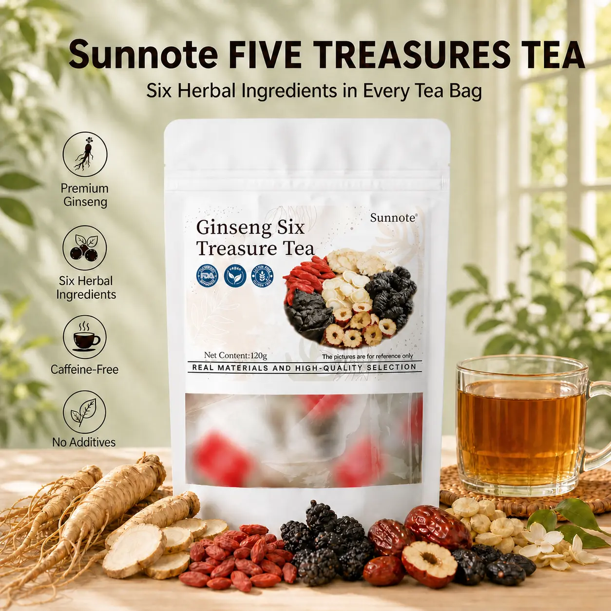Sunnote Kidney tea formula Ginseng Five Treasure Upgraded Natural Blend with 6 Precious Ingredients,  Organic Kidney Support Beverage, Caffeine Free, Cholesterol Free, Red Dates, Adult Gift, Adults Healthy Kidney Tea Chinese Herbal Beverage