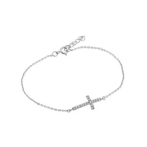 Silver Sideways Cross Bracelet w/ Cubic Zirconias 7.5