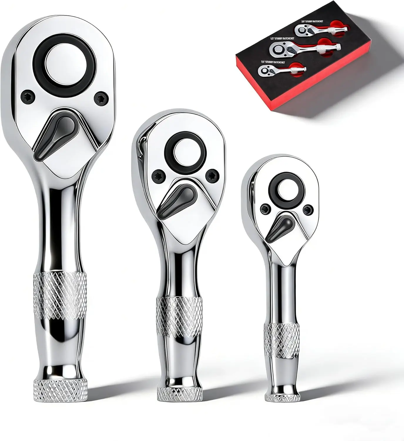 GJANSH 3-Piece Stubby Ratchet Set, 1/4", 3/8", 1/2", 72-Tooth Mini Driver Ratchet Wrench Set, Chrome-Plating & Polishing, Quick-Release, EVA Environmentally Organizer