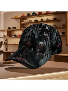Dark Mystic Figure & Red Rose Art Print Baseball Cap Bold Monochrome Accents Comfortable Casual Daily Wear All-Season Unisex Fashion Hat Casual Outfits Cap
