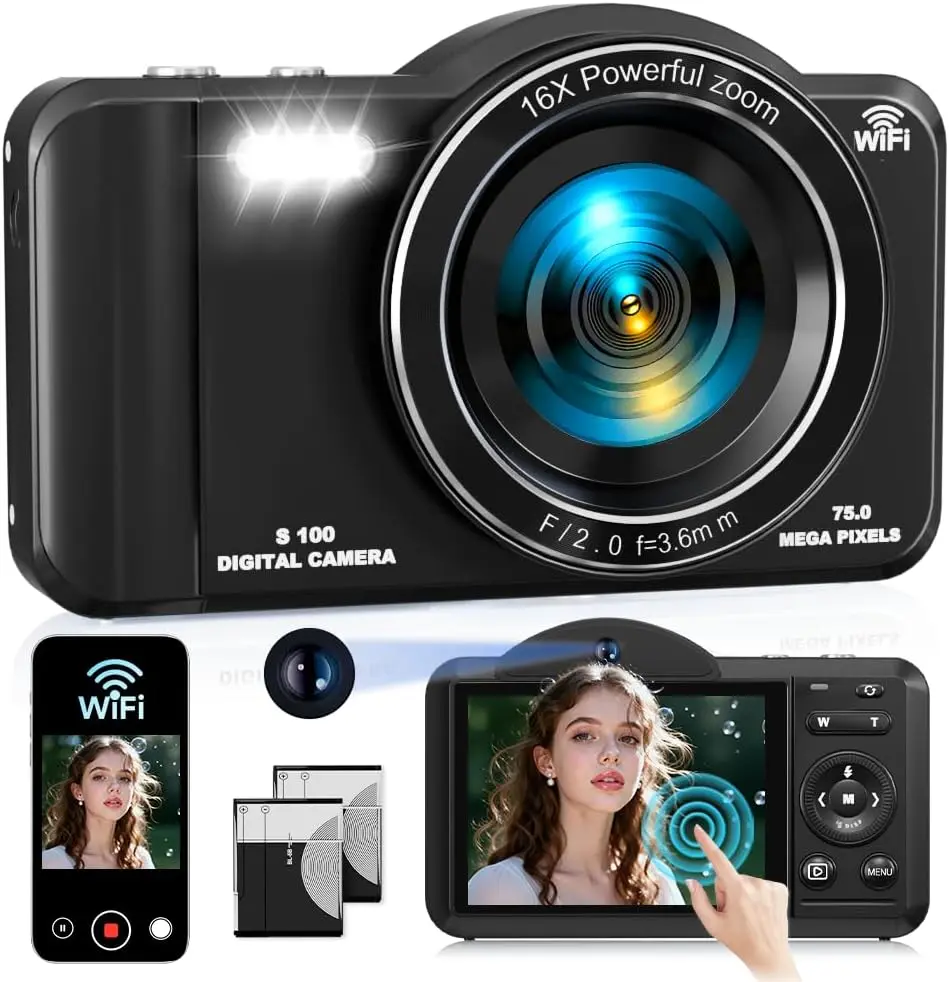 4K Compact Digital Camera for Beginners, 75MP CMOS Sensor, Built-in WiFi, IPS Screen, 16X Zoom, Autofocus, Rechargeable Battery, USB Port, MicroSD Slot, 32GB SD Card - Black Vlogging Travel Camera, Birthday Gift