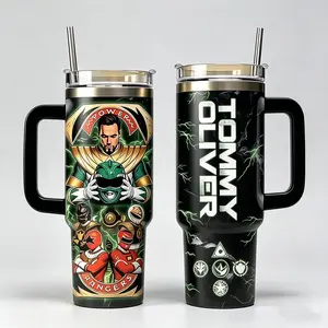 Green Ranger Tommy Oliver 40oz Stainless Steel Tumbler With Handle & Straw Lid, Power Hero Inspired Vacuum Insulated Travel Mug, Retro Action Fan Gift Cup, Leakproof Car Cup Holder Friendly Coffee Tumbler