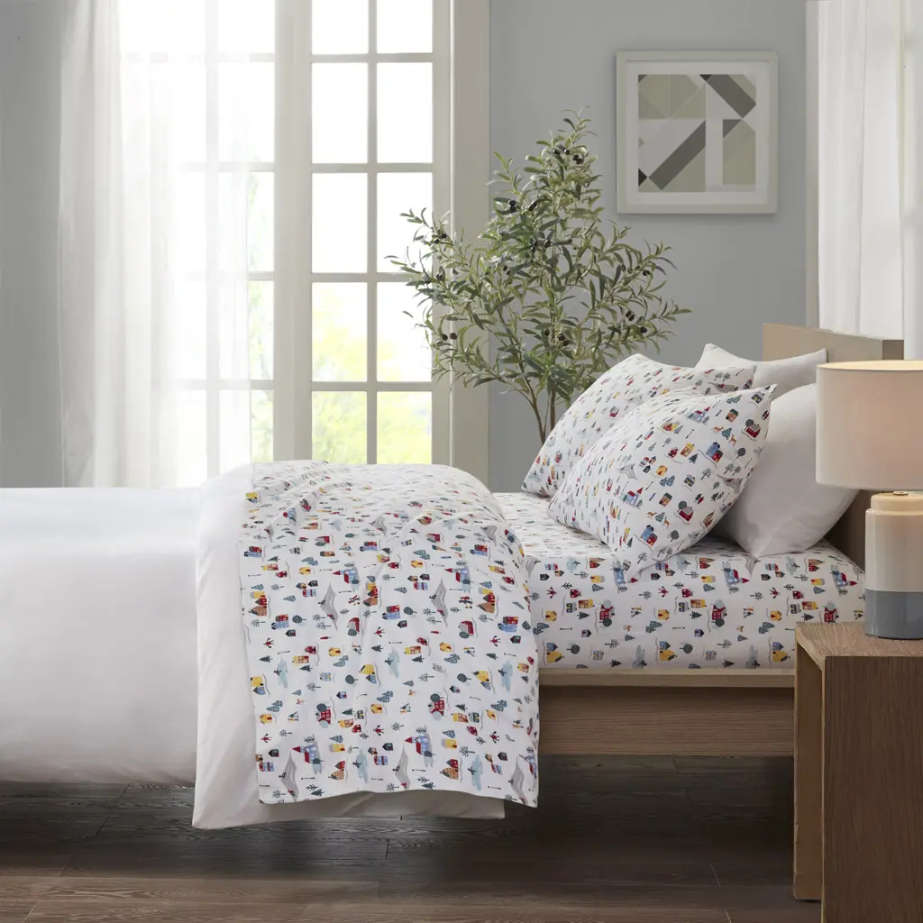 True North by Sleep Philosophy TN20-0563 Twin Size Comfy Bedding Set, Bedding Sheet Set - 66x96x0.13 in. Cozy Cotton Flannel Printed White Village Print Sheets