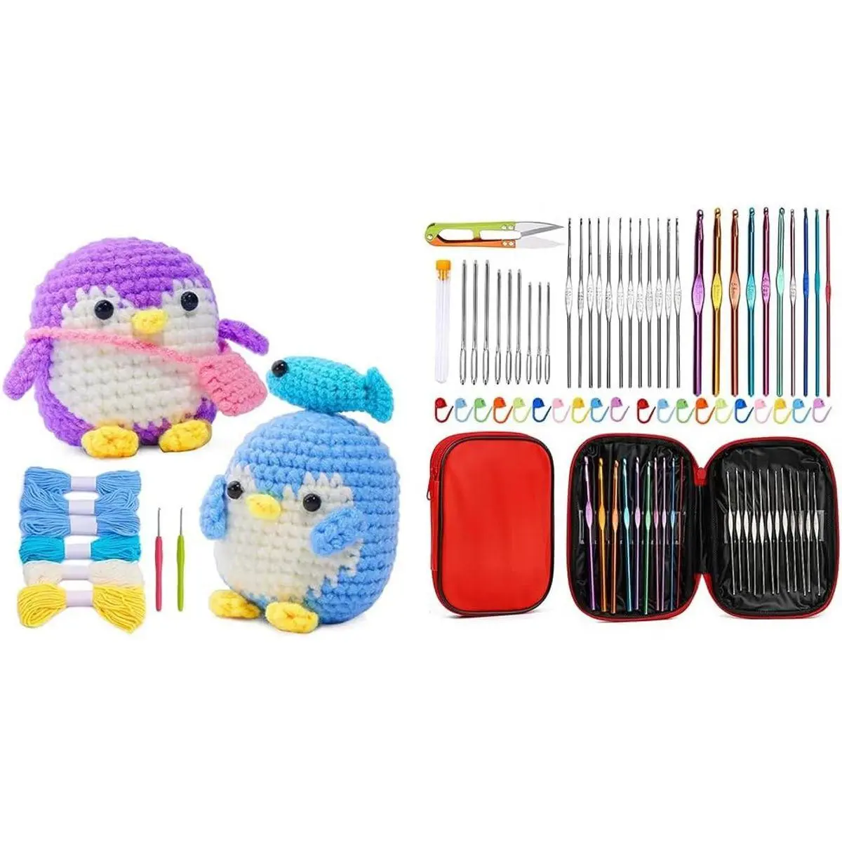 2 Pack Beginner Red Animal Crochet Kit, Crochet Kit for Beginners, Cute Crochet Starter Kit with Video Tutorial, 24Crochet Hooks, Yarns, 25 Stitch Markers Complete Crochet Set to Make 2 Penguins