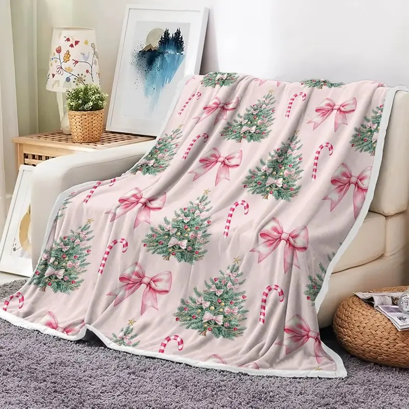 Whimsical Pink Festive Christmas Throw Blanket - Featuring Christmas Trees, Playful Candy Canes, Flouncy Bows - Soft, Warm, Cozy Plush Blanket for Home Bedding & Living Room Decor, Festive Blanket