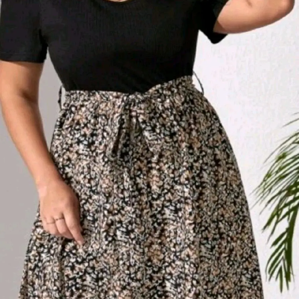 Shein Cold Shoulder Black Floral Short Sleeve Belted Dress Womens Size Medium