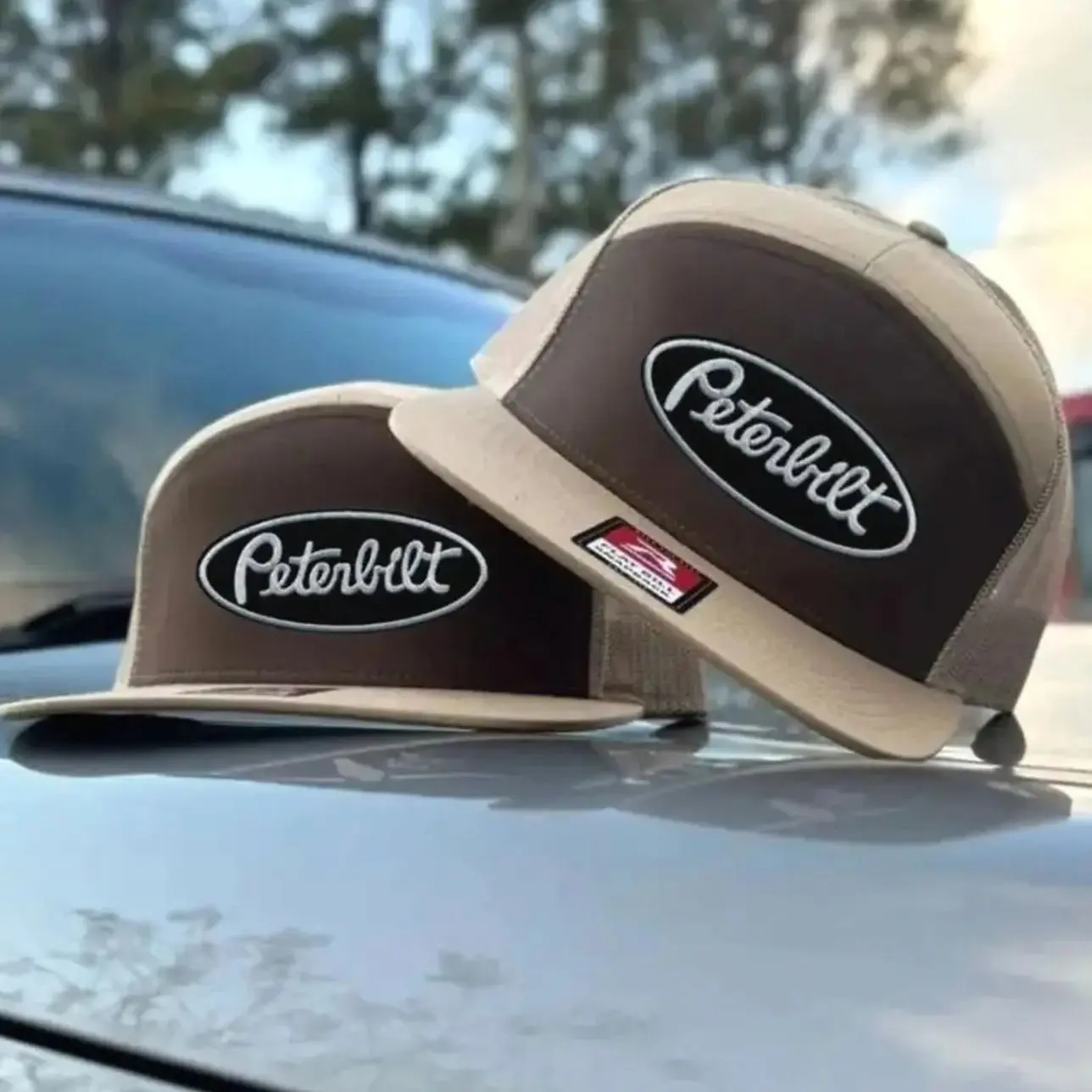 Peterbilt 7 Panel Trucker Hat – Old School Embroidered Snapback, Black White Khaki Brown Mesh Back Cap and Adjustable Fit for Men and Women