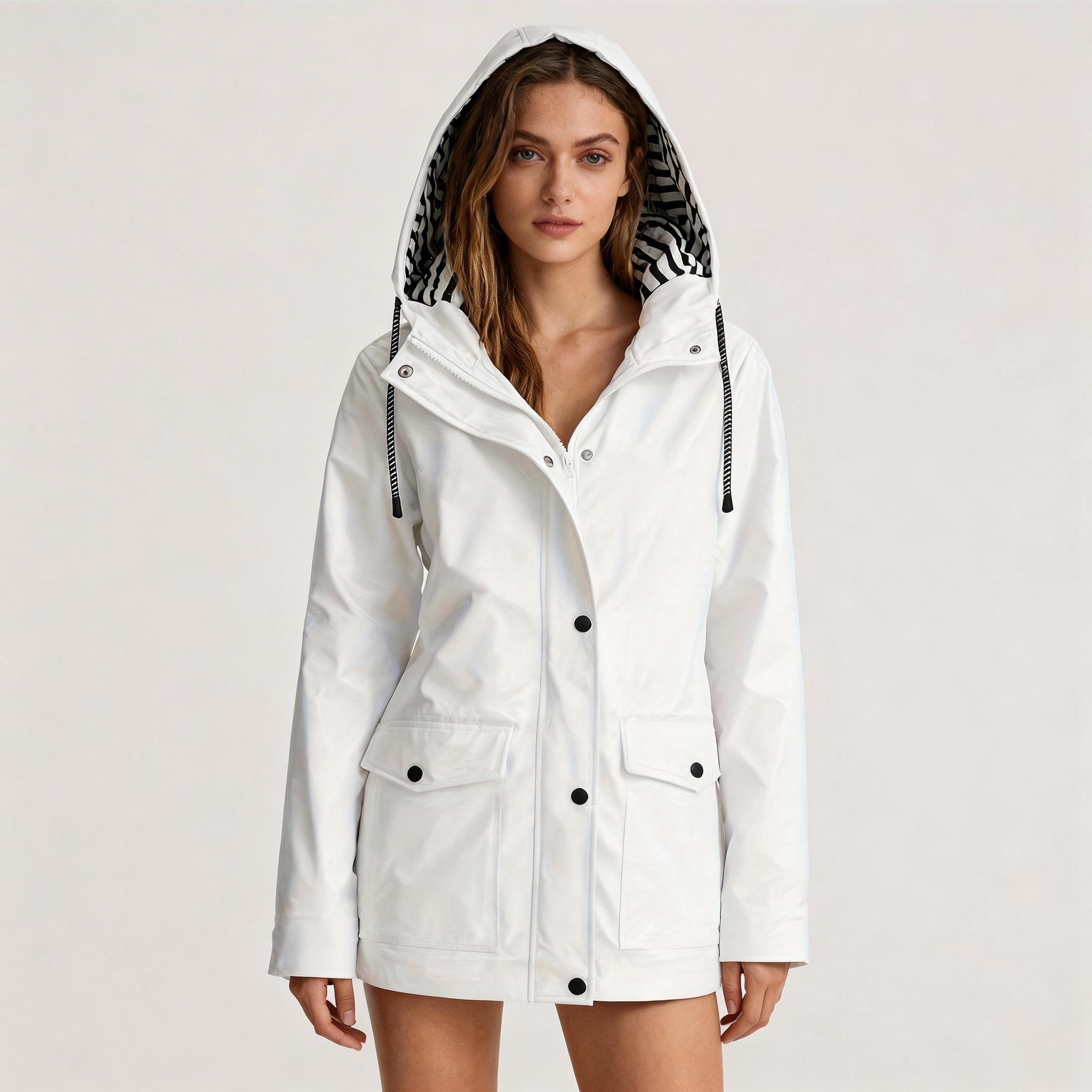 Women's Waterproof Rain Jacket Lightweight Hooded Windbreaker with Striped Lining Outdoor Raincoat for Hiking Travel Aesthetic Womenswear Essential Style