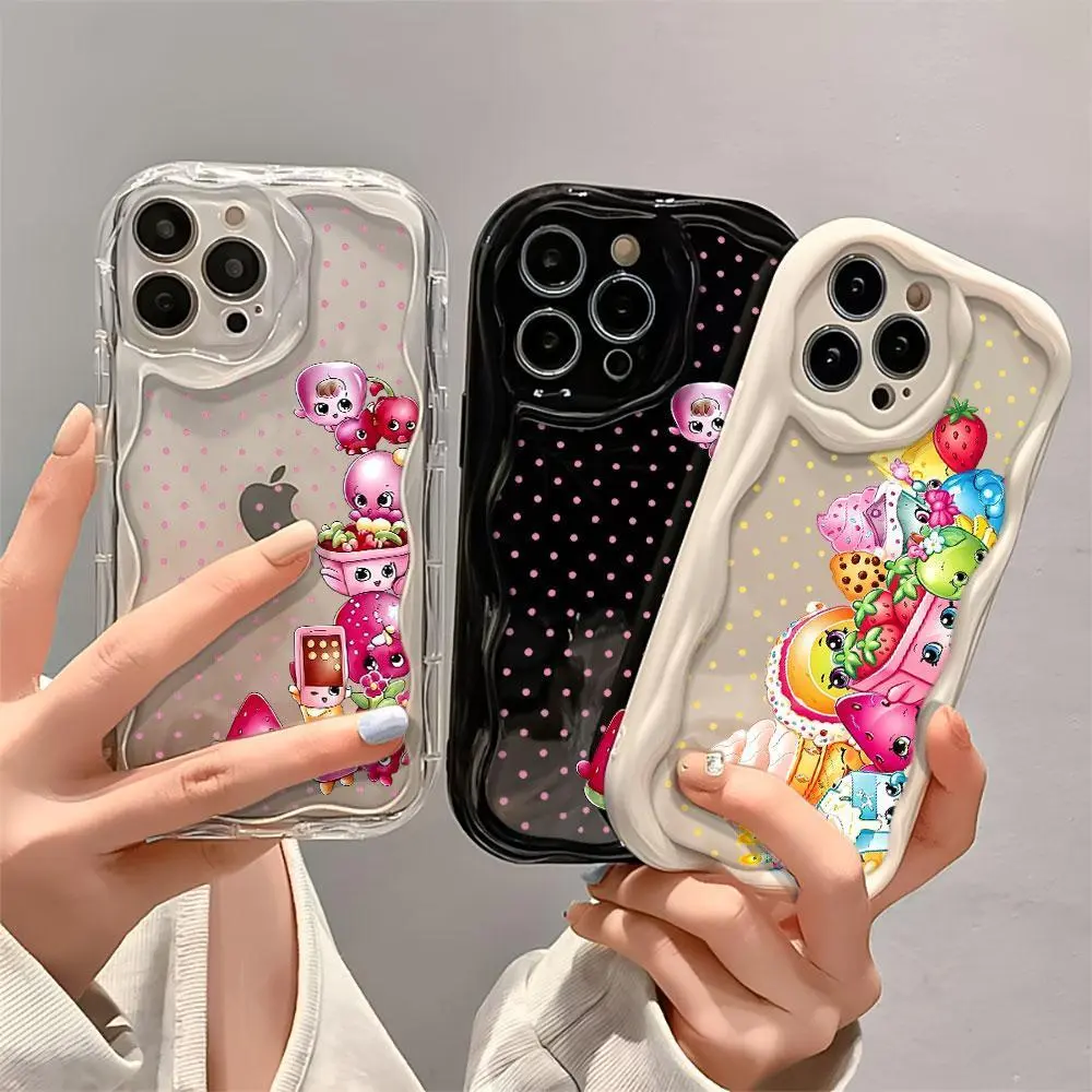 Shopkins cartoon print phone case for iPhone 17 16 15 14 13 12 11 Pro Max Shockproof Soft TPU Cover Clear Black White,Cute Curly Wave Case