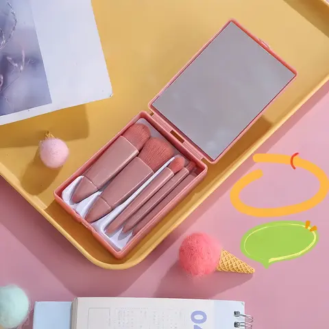 Portable Makeup Brush Set Cosmetic Brush Set 5-Piece Travel Kit with Mirror, Mini Mirror Box, Multi-Functional Eyeshadow Brush Powder Brush, Makeup Brushes Kits
