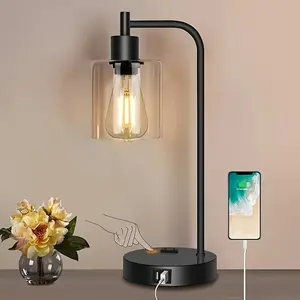 Industrial touch control table lamp with two USB ports and two AC outlets, three-way dimmable bedside reading lamp for nightstands with warm light bulb, glass lamp shade desk lamp for bedroom and office