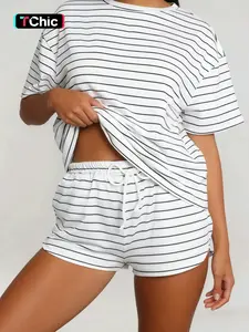 Women's Striped Knit Set, Loose Fit Casual, Round Neck Short Sleeve Top & Drawstring Shorts for Lady, All-Season Fashion