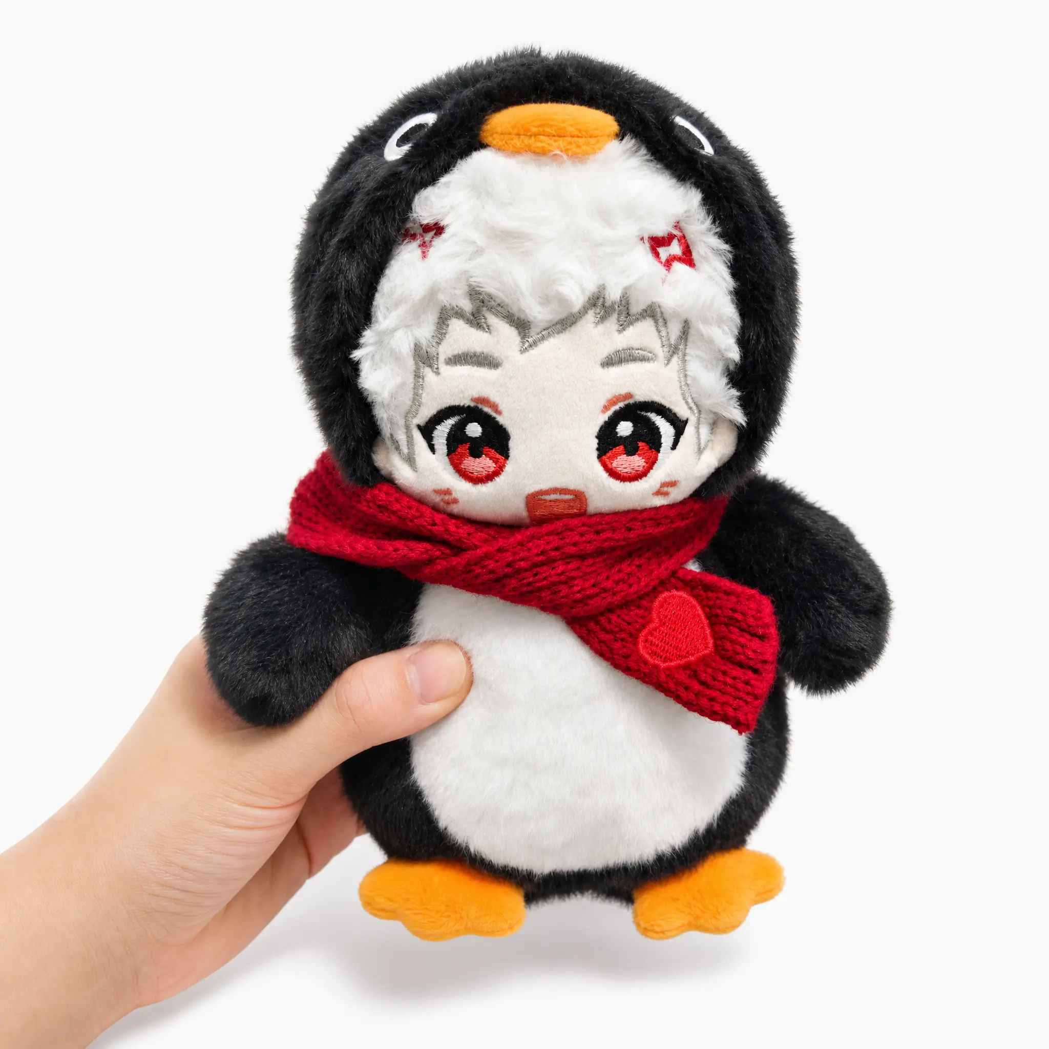 Little GUDU 9in/22cm Blank Face Meme Expression Penguin Plush Toy - Handmade Heart Embroidery DIY Base Plush Figure, Cute Desk Decor for Adult Collectors, Kawaii Stuffed Animal, Knit Scarf Compatible Ornament