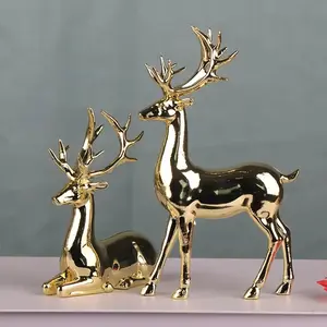 Pair of Luxurious Golden-Plated Christmas Reindeer Statues - Elegant Home and Living Room Decor, Ideal for Christmas Display in Wine Cabin, Perfect Gift for Her/Him, A Great Choice for Festive Tabletop Decoration