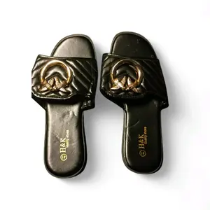H&K Quality Shoes Black Quilted Sandals with Gold Logo and Floral Detailing for Women