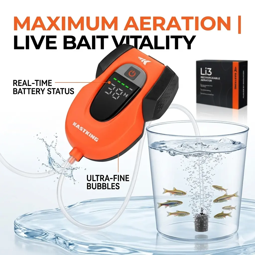 [Back to School Gift] KastKing Li3 Live Bait Aerator – Rechargeable Oxygen Pump with LCD Display, Long Battery Life & Large Air Stone for Fish Buckets SummerVibes