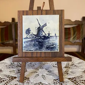 Vintage Delft Blue Ceramic Tile – Hand-Painted Dutch Landscape on Wooden Base