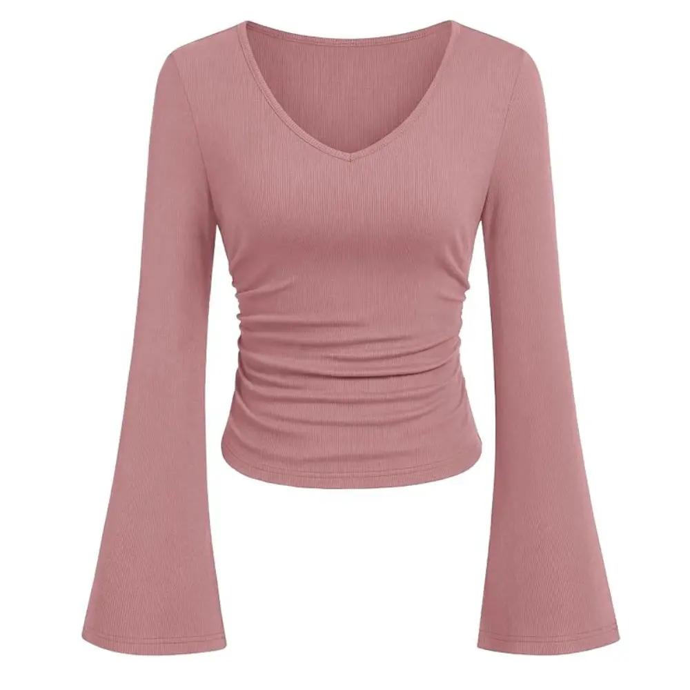 PrettyGarden Ribbed V Neck Bell Sleeve Ruched Shirts For Women Fall Long Fittedrendy Y2K Going Out Tee Tops Summer Clothes