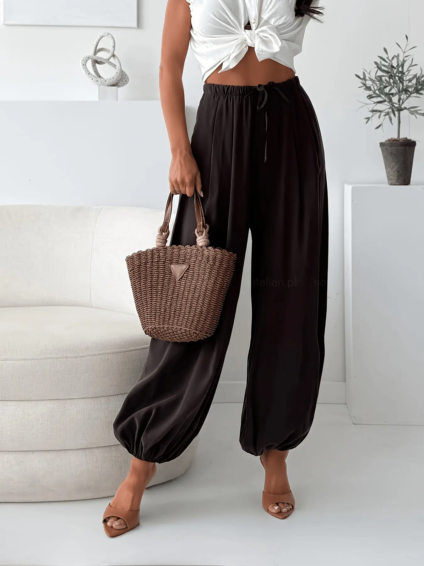 2026 Summer New Elegant Aesthetic Satin Nine-Part Bottom Pants, Adjustable Waist Tie, No Pockets, Breathable Lightweight Fabric, Loose Fit, Casual Everyday Daily Wear