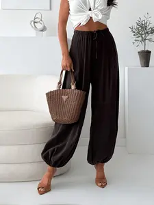 2026 Summer New Elegant Satin Nine-Part Pants, Waist Tie, No Pockets, Breathable Lightweight Fabric, Loose Fit, Casual Daily Wear