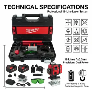 Milwaukee Professional 16 Line Cross Laser Measuring Tool Kit With 18.5cm Overall Height And 1.5kg Total Weight Applied To Indoor Decoration Layout And Outdoor Site Construction With Precise Line Positioning Function