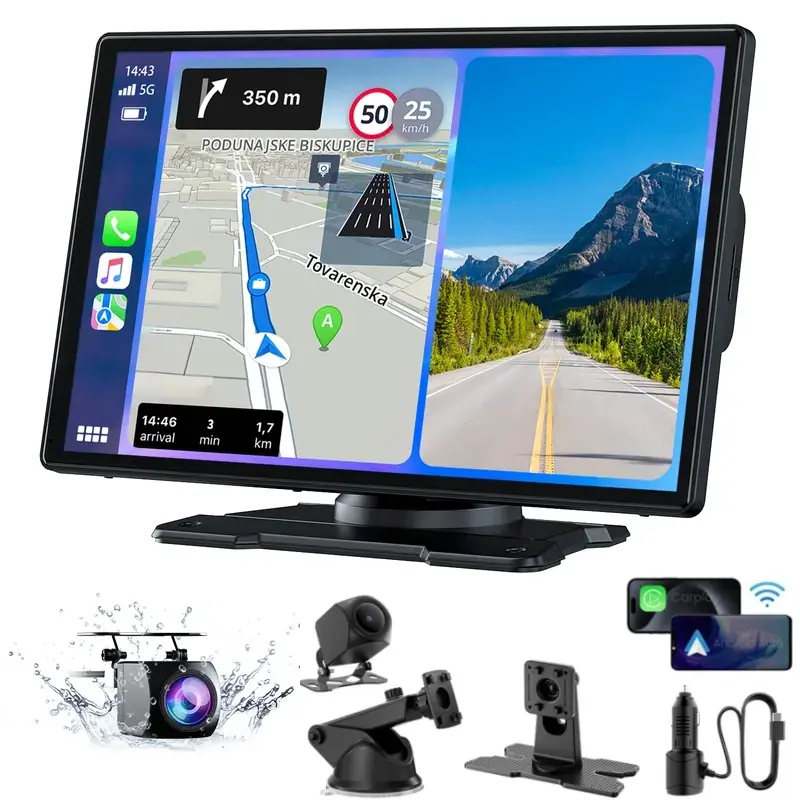 Whatook 9" Portable Wireless Carplay with 1080p Backup Camera GPS Navigation Mirror Link Voice Control Bluetooth Car Stereo Upgrade